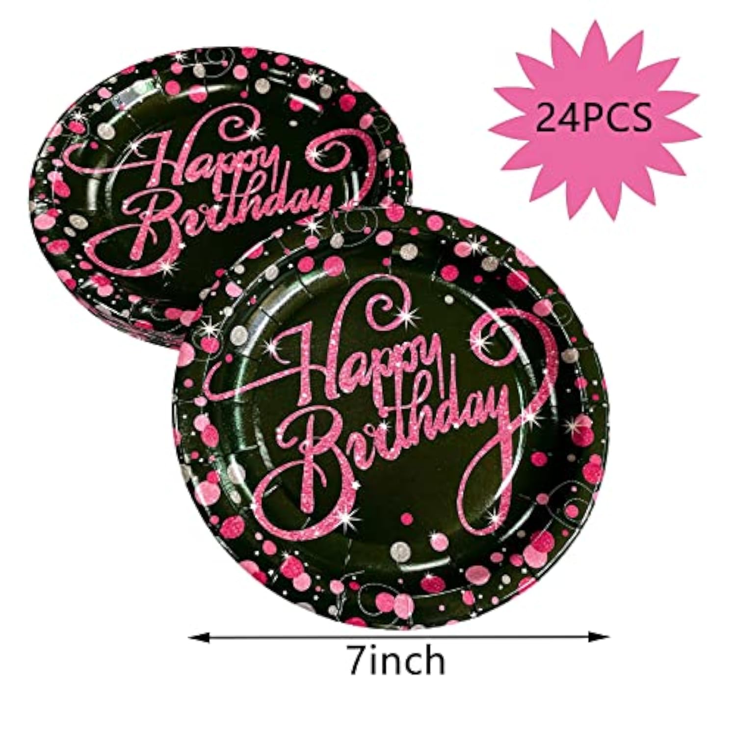 24pcs Pink & Black Birthday Plates – 7" Disposable Party Tableware for All Ages