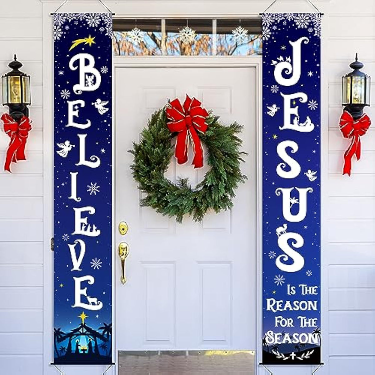 Christmas Front Porch Banners Winter Religious Nativity Scene Sign Holiday Hanging Banner Xmas Decoration For Front Door Believe Jesus Is The Reason For The Season 12 X 71 Inch (Snowflake)