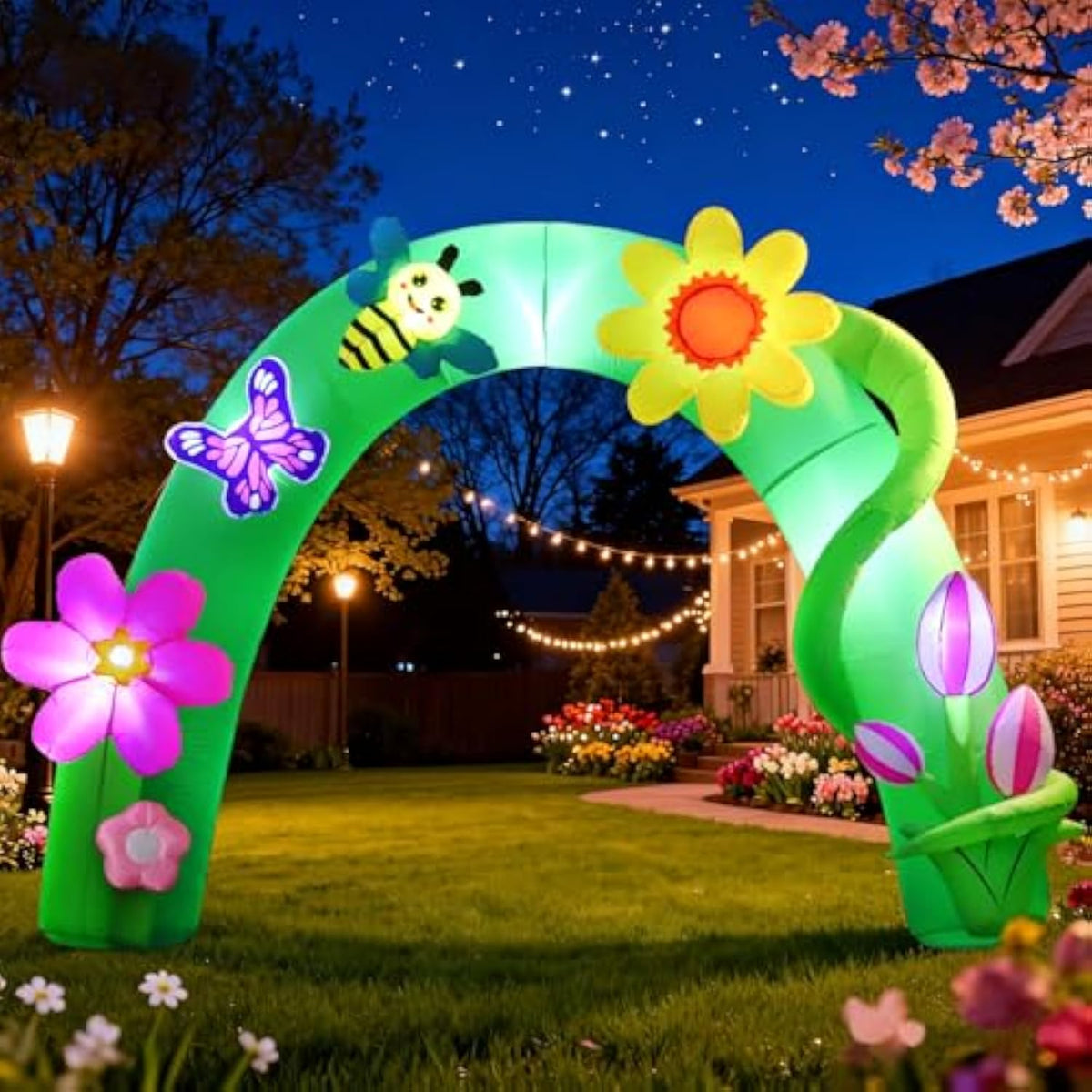 8Ft Spring Inflatable Arch With Flower Outdoor Decoration, Blow Up Easter Decoration, Built-In Leds For Holiday Party, Garden, Lawn, Yard, Patio, Indoor, Outdoor