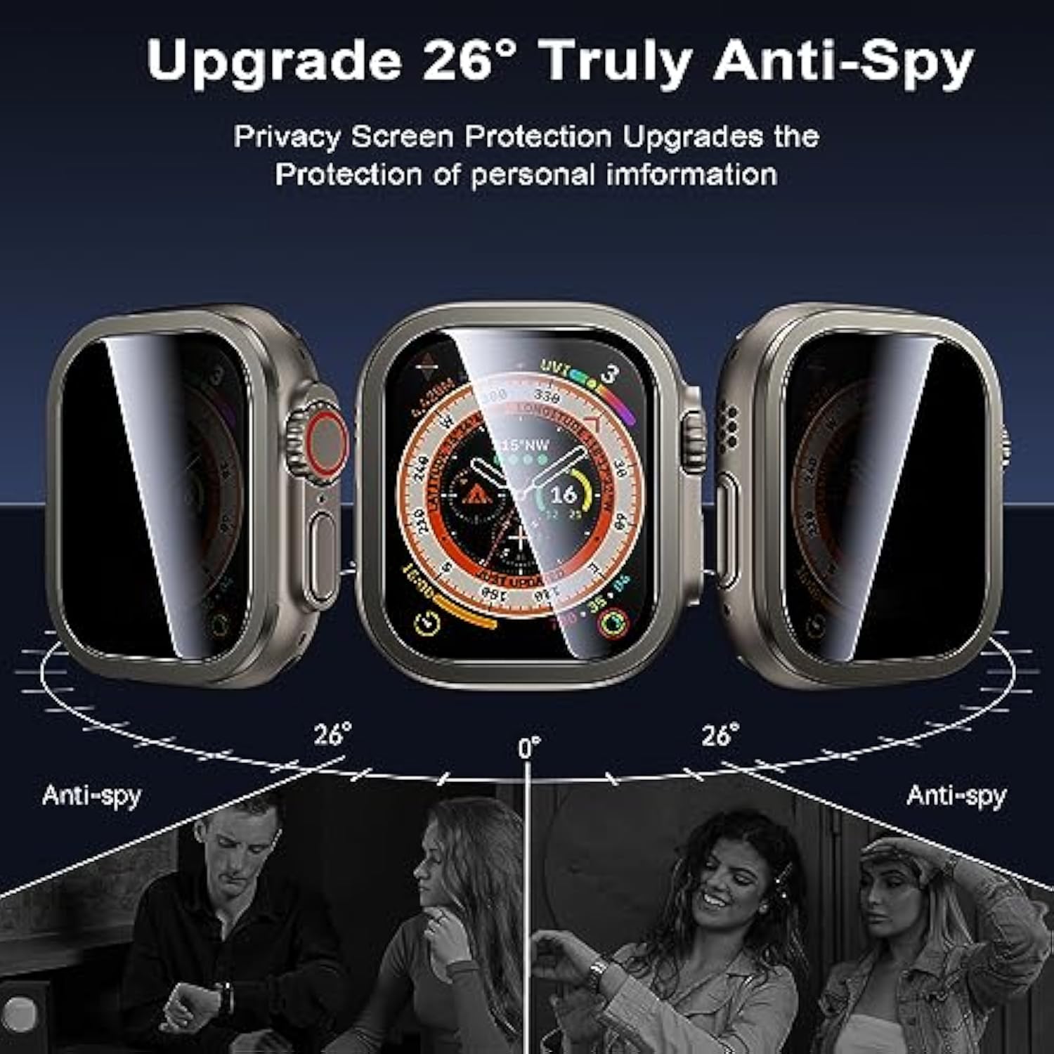 For Apple Watch Ultra 3 / Ultra 2 Screen Protector 49Mm, [26 Degree Privacy] Titanium Alloy Frame + 9H Tempered Glass, [Touch Sensitive] Lightweight Protective Glass Film For Iwatch Ultra 2 Pack