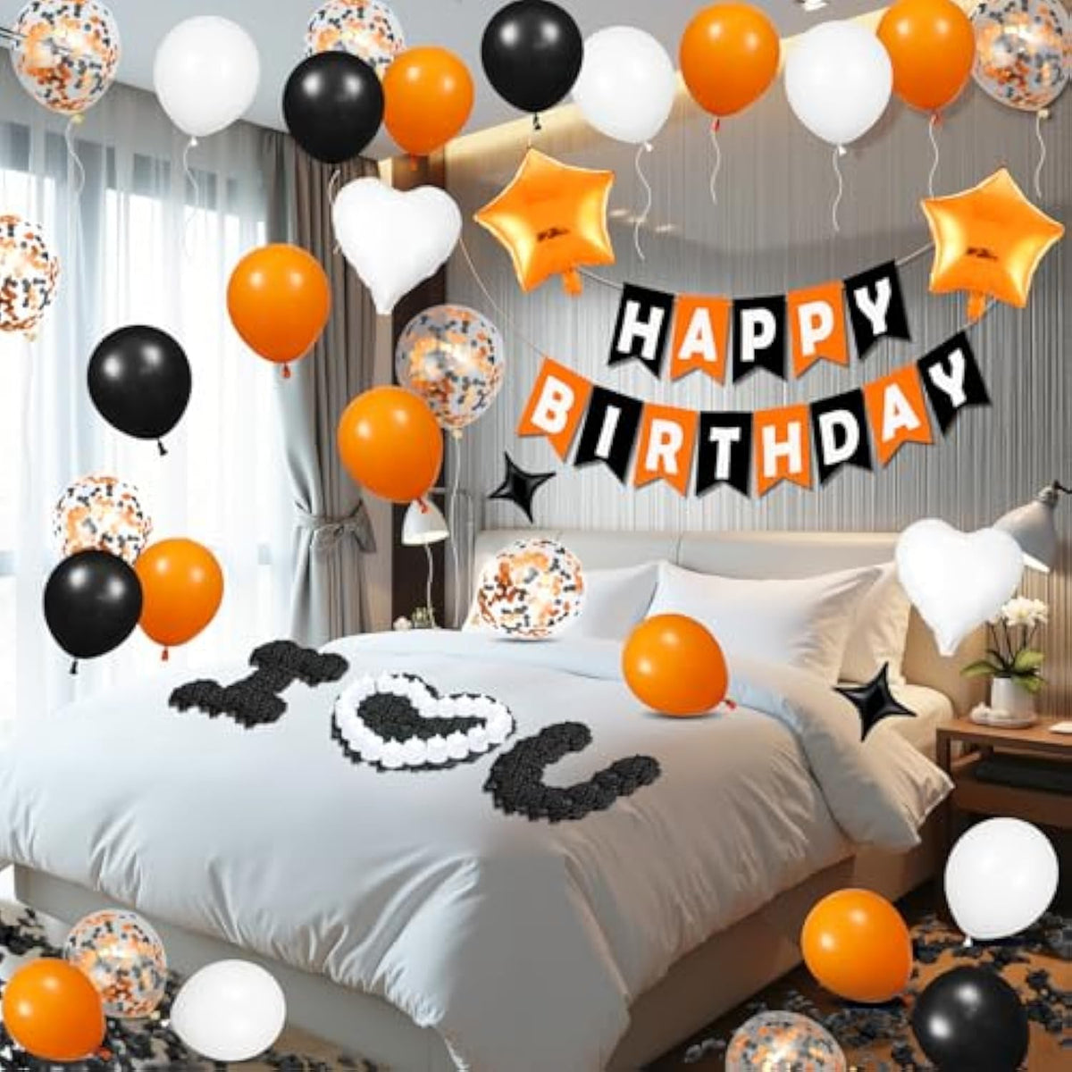 Orange Black White Halloween Birthday Balloons Banner with Stars Roses & Candles