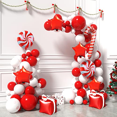 Christmas Balloons Garland Kit | Red and White Christmas Balloons Arch Kit with Candy Cane and Gold Star Foil Balloons for Xmas Party Decoration