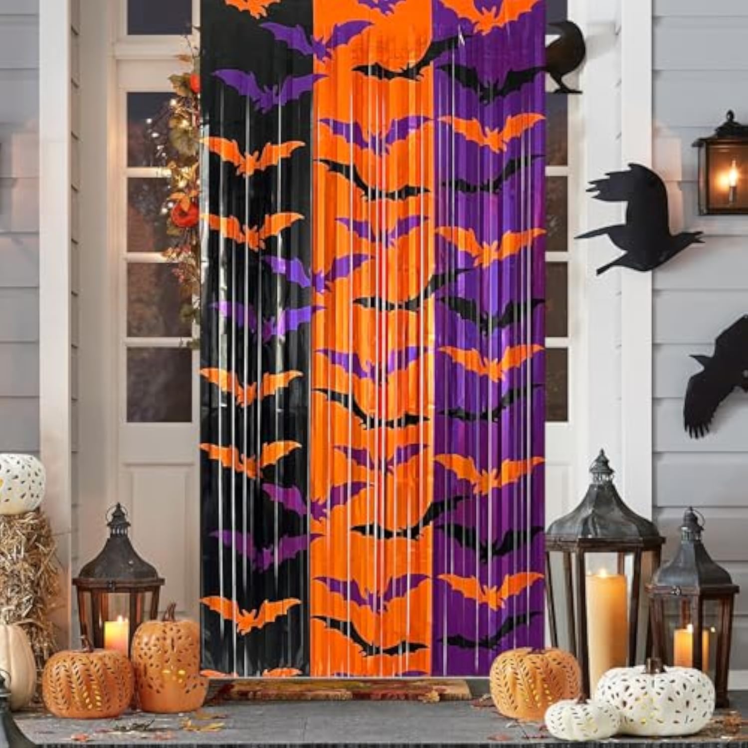 2 Pack Halloween Bat Foil Fringe Curtains 3.3x6.6ft Backdrop Black Orange Purple