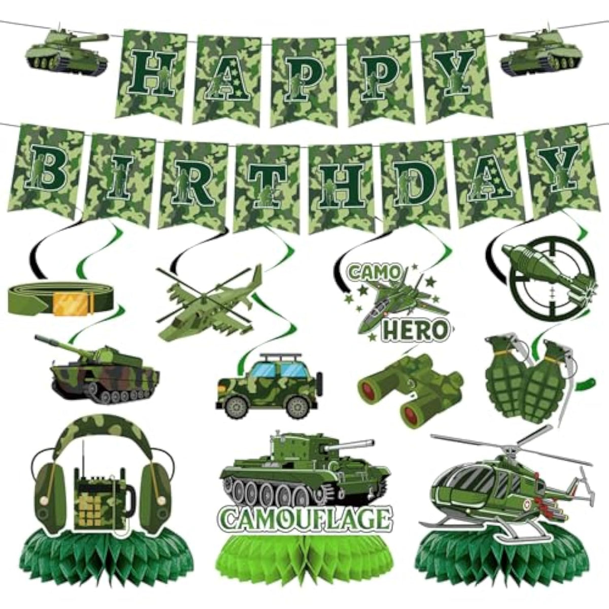 Camo Birthday Party Decorations - 13Pcs Army Party Decorations Set Military Themed Happy Birthday Banner Hanging Swirls Honeycomb Centerpieces Decor Supplies For Boys