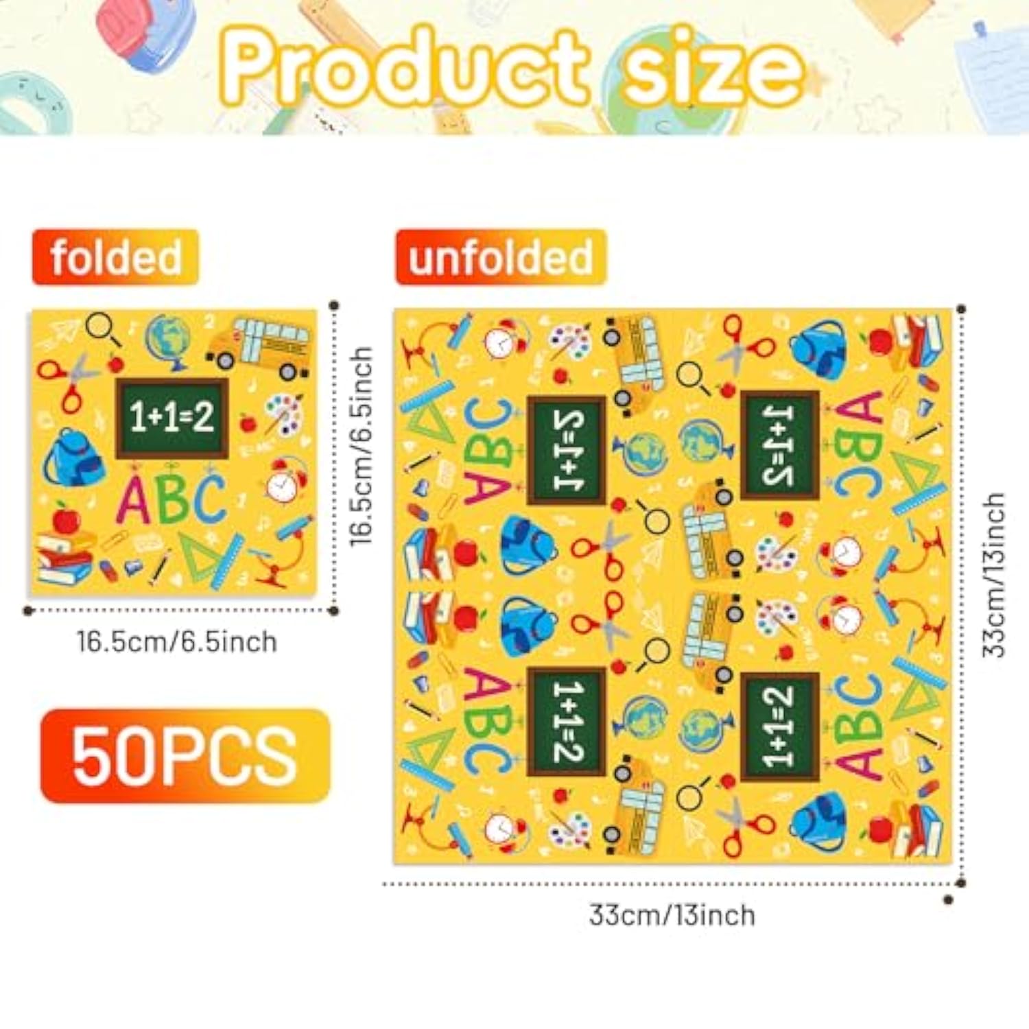 Pack Of 50 Back To School Paper Napkins, Yellow School Supplies Design Disposable Party Napkins For Classroom, Teacher Appreciation, Kindergarten, First Day Of School Decoration, 13X13 Inches Unfolded