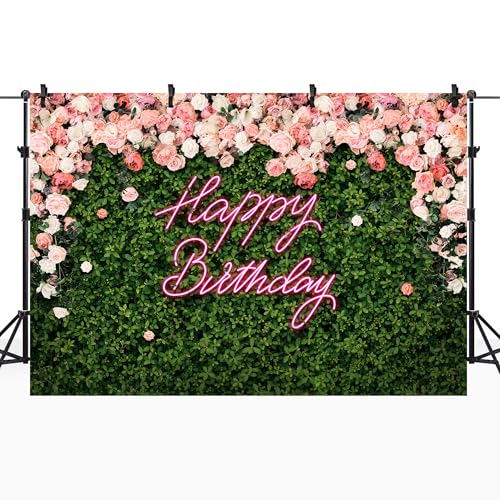 Happy Birthday Backdrop for Women Girl Green Grass Flower Floral Wall Decor