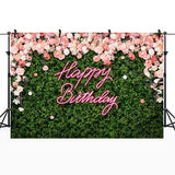 Happy Birthday Backdrop for Women Girl Green Grass Flower Floral Wall Decor