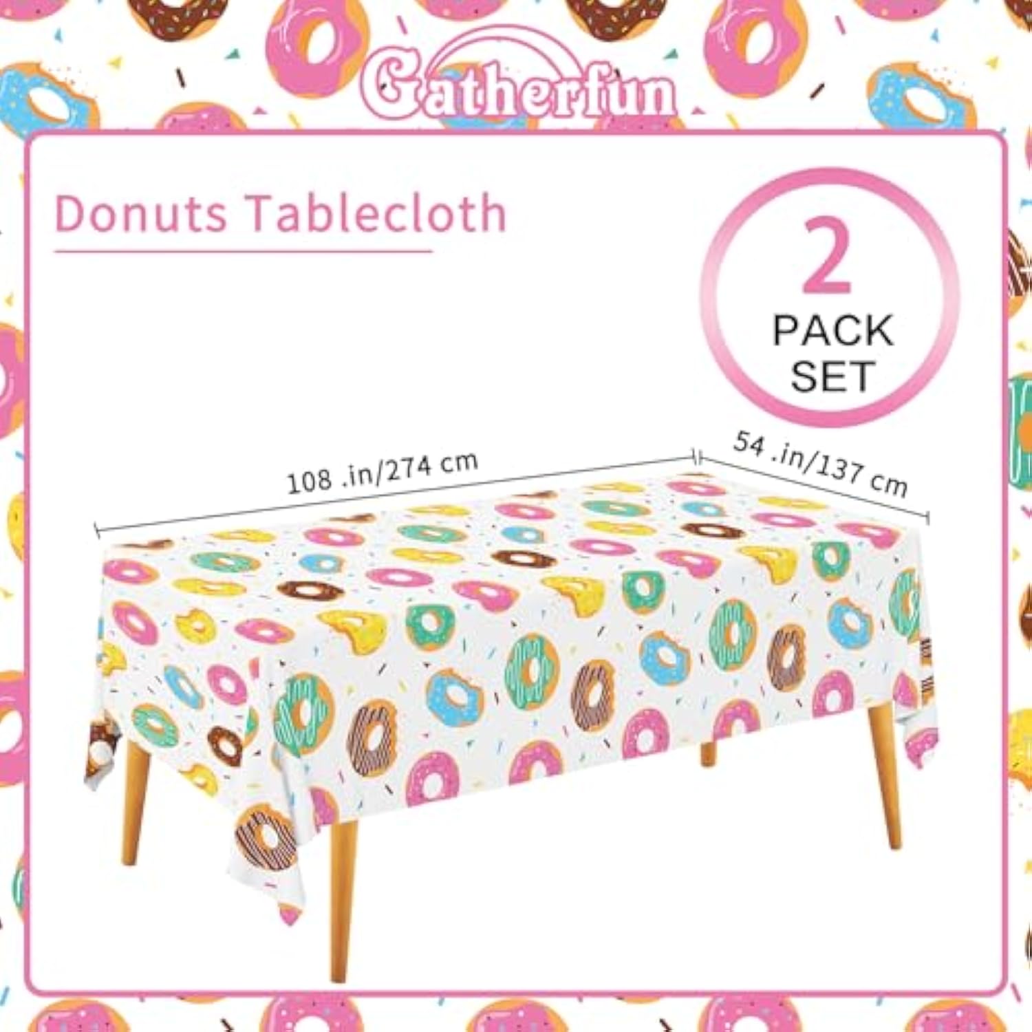 Donut Party Supplies: 2-Pack Donut Birthday Party Decorations,Disposable Plastic Tablecloth, Ideal Table Cover For Two Sweet Birthday, Baby Shower & Themed Parties, 54 X 108 Inch
