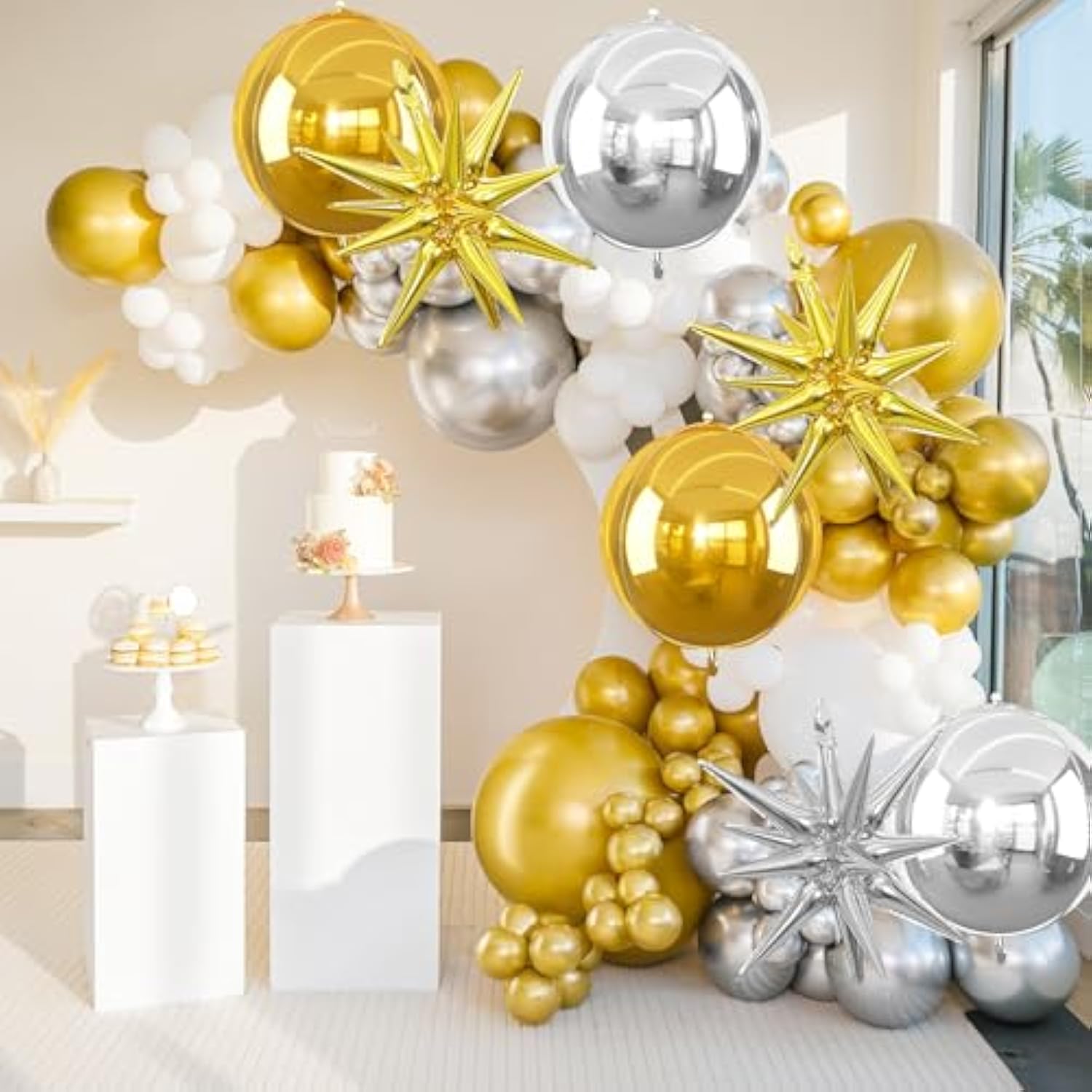 6Pcs Gold Silver Foil Balloons,22Inch Silver Gold 4D Round Ball Balloon And Explosion Star Balloon For Birthday Wedding Baby Shower Prom Party Anniversary Decorations
