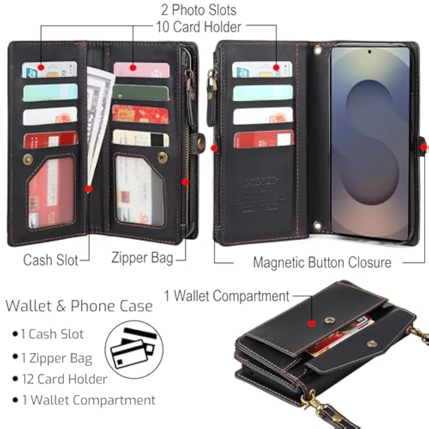 Samsung Galaxy S25 Wallet Case, RFID Blocking, Detachable Crossbody Strap, Black