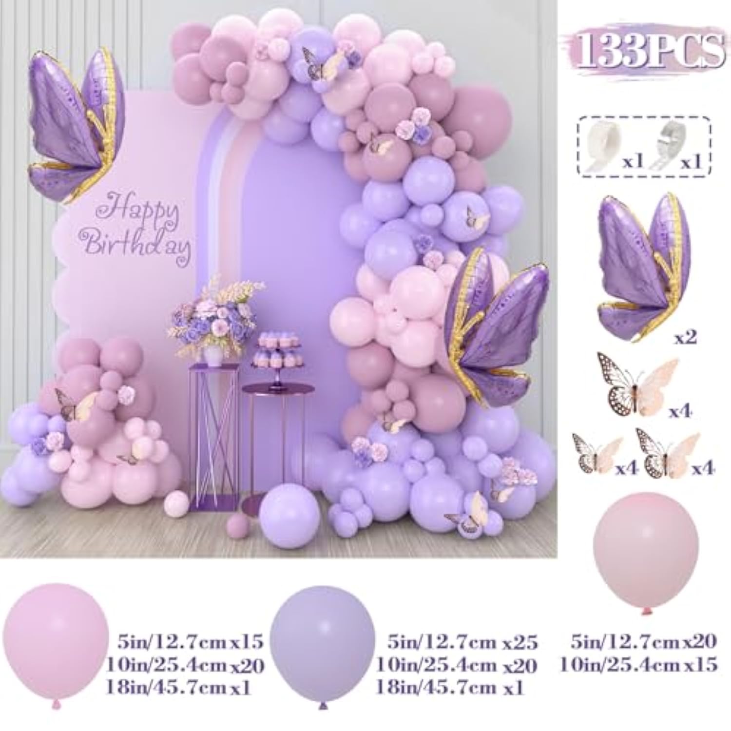 133pcs Purple Butterfly Balloon Garland Kit for Birthday & Baby Shower Decor
