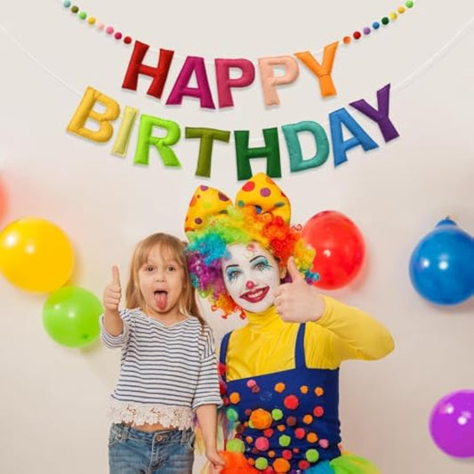 Happy Birthday Banner Felt Ball Garland Colorful Dainty Pre-Strung Rainbow Birthday Banner Reusable Happy Birthday Sign Photo Booth Props Primary Color Birthday Party Decoration For Kids Girls