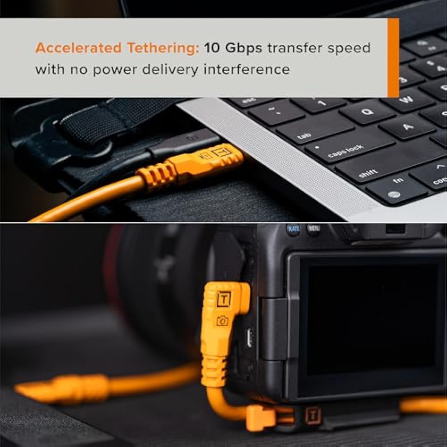 TetherPro Optima 10Gbps Gen 2 USB-C, 10' (3m), Straight to Right, High-Visibility Orange | Not Compatible with Fuji GFX Models