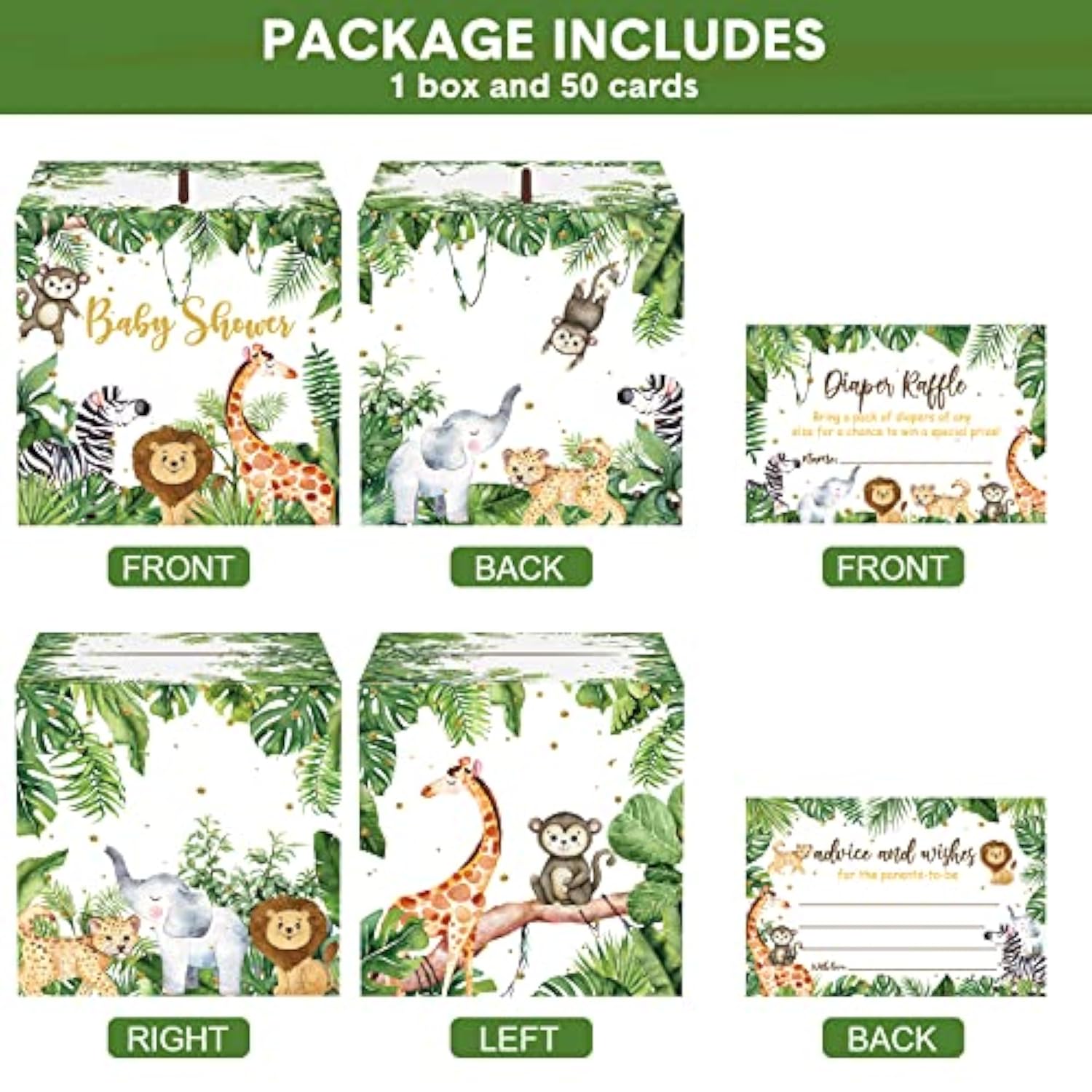 51 Pieces Woodland Baby Shower Card Box And Advice Cards, Diaper Raffle Game Box Tickets, Animals Safari Creatures Party Decorations For Baby Shower, Birthday, Gender Reveal (Jungle Animal Theme)