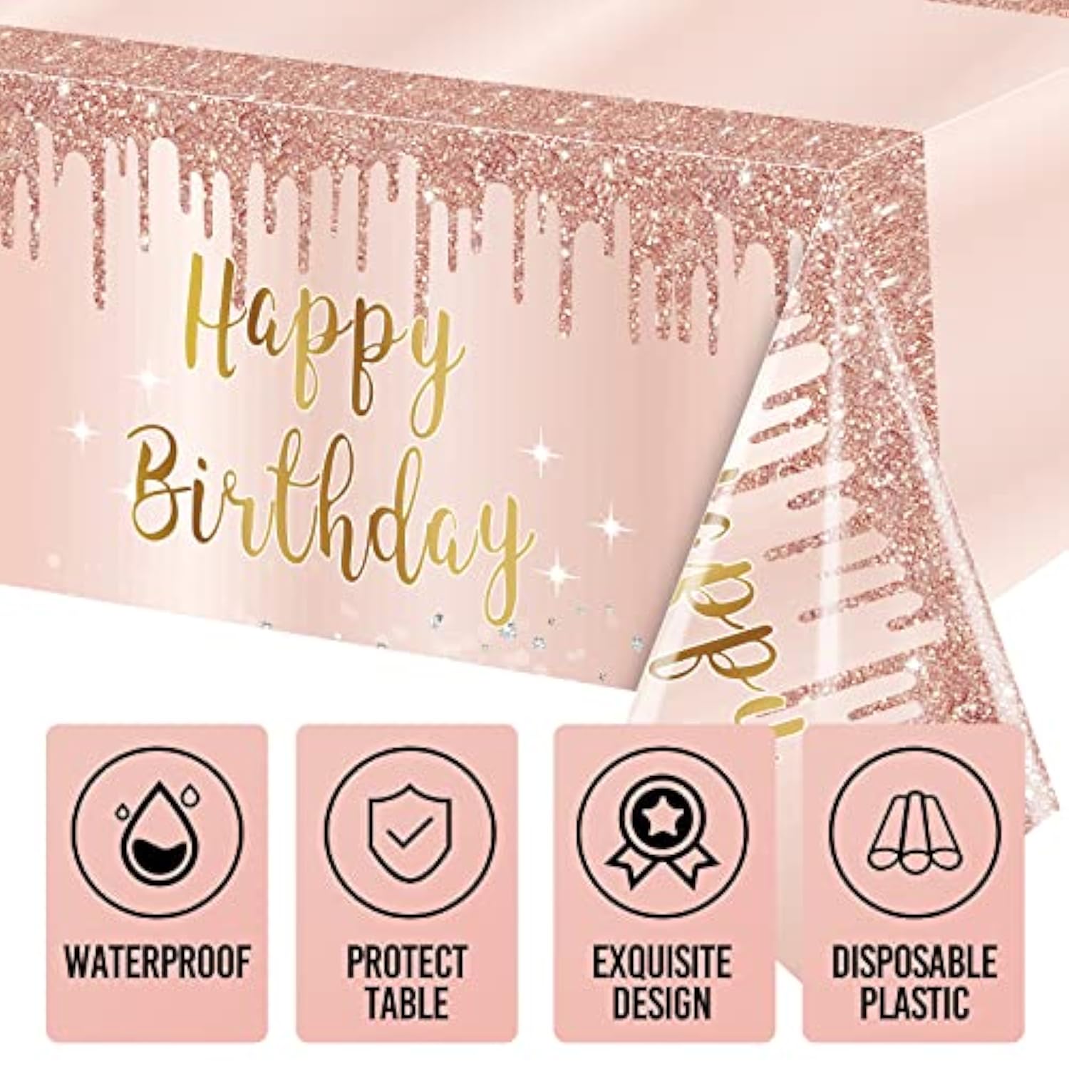 3 Pcs Pink Rose Gold Happy Birthday Tablecloth Decorations For Women, Happy Birthday Table Cover Party Supplies, 16Th 21St 30Th 40Th 50Th Birthday Plastic Disposable Rectangular Table Cloth Decor
