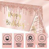 3 Pcs Pink Rose Gold Happy Birthday Tablecloth Decorations For Women, Happy Birthday Table Cover Party Supplies, 16Th 21St 30Th 40Th 50Th Birthday Plastic Disposable Rectangular Table Cloth Decor