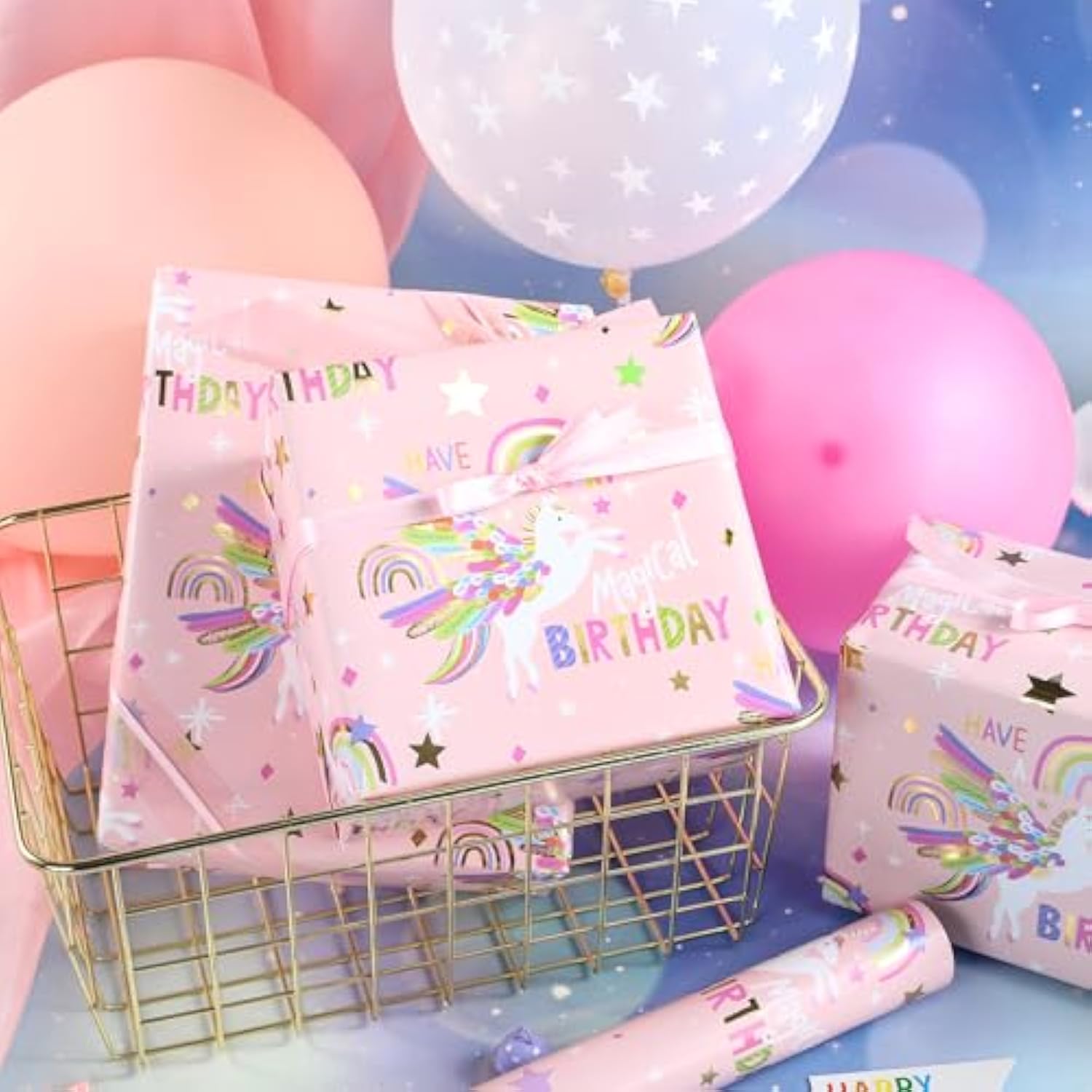 Pink Unicorn Birthday Wrapping Paper Roll For Girls Women, Have A Magical Birthday & Rainbow, Stars, Gold Foil Design For Baby Girl, Baby Shower, Mini Roll, 17 Inches X 16.4 Feet