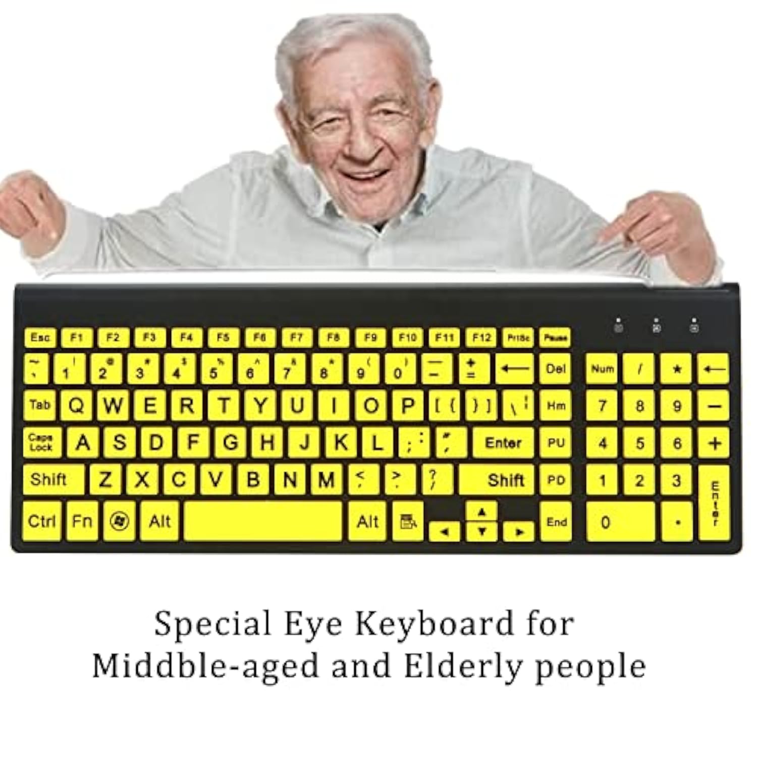 Full Size Large Print 2.4G Wireless Keyboard And Mouse With Oversized Print For Kids Visually Impaired Low Vision Individuals (Yellow)