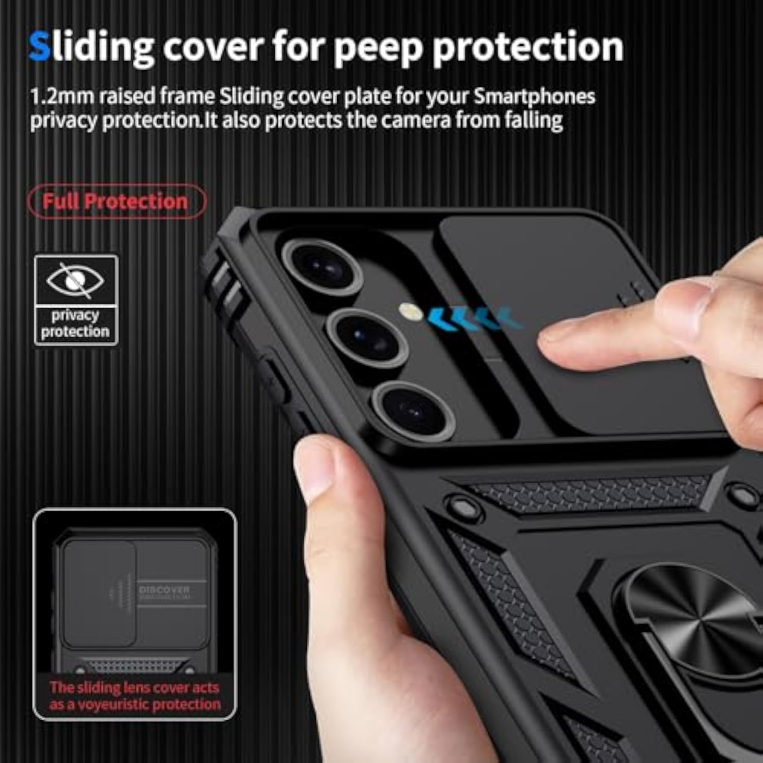 Samsung Galaxy S23 Case with Camera Lens Cover, 10 FT Military Grade Drop Protection, Magnetic Ring Holder Kickstand Protective Phone Case, Black