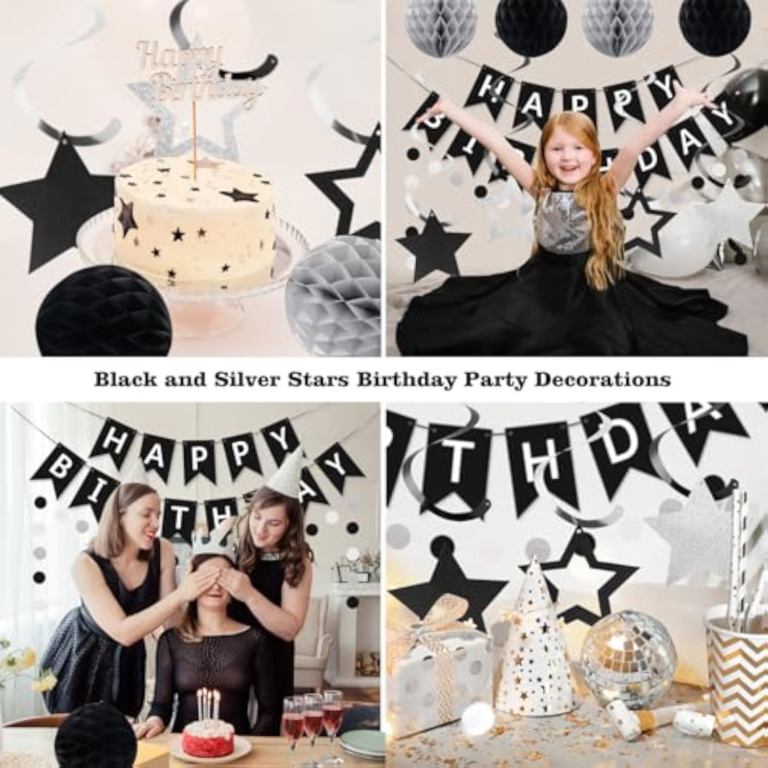 Black & Silver Birthday Decorations Banner, Swirls, Honeycomb Balls and Garland for All Ages