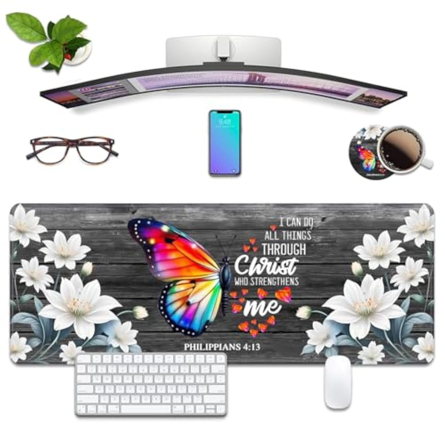 Butterfly Quote Bible Verse Philippians 4:13 Desk Pad Mat Gaming Mouse Pad With Coasters, Xl Large Mousepad Desk Decor Writing Mat Stitched Edges Non Slip Rubber Base For Office Home 31.5"X 11.8"