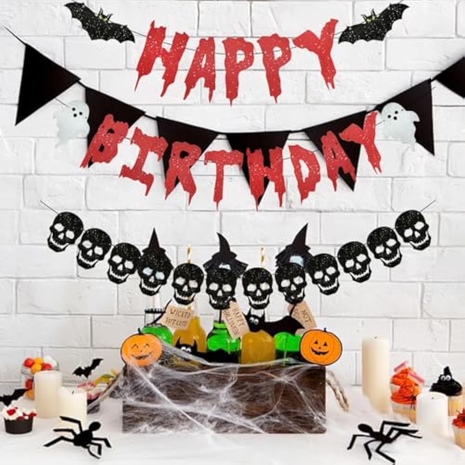 3PCS Halloween Black Skull Heart Wreath Banner Spooky Birthday Party Decor