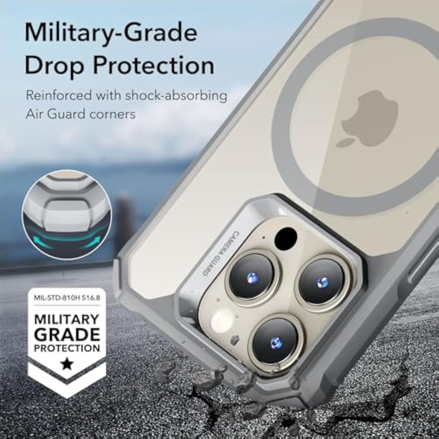 ESR for iPhone 15 Pro Case, Compatible with MagSafe, Set with 2 Screen Protectors and Single Lens Protectors, Air Guard Corners, Yellowing-Resistant Acrylic Back, Air Armor Series Clear Grey