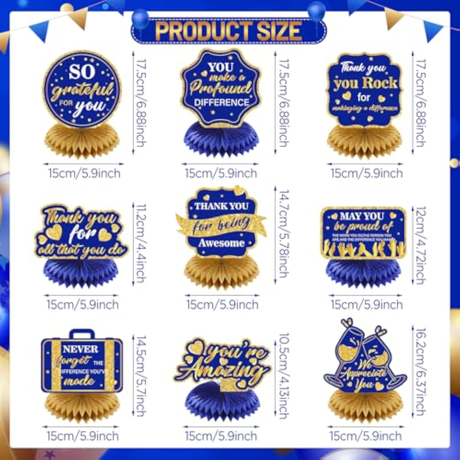 9Pcs We Appreciate You Decorations Navy Blue Gold Thank You Table Honeycomb Centerpieces Appreciate Table Topper Decor For Teacher Doctor Nurse Employee Xmas Graduation Appreciation Party Supplies
