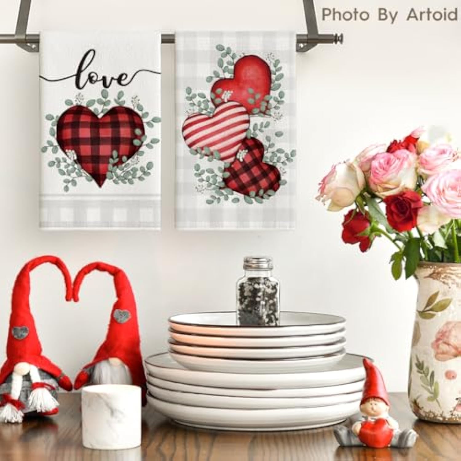 Red Buffalo Plaid Heart Love Valentine'S Kitchen Towels Dish Towels, 18X26 Inch Anniversary Wedding Decoration Hand Towels Set Of 2