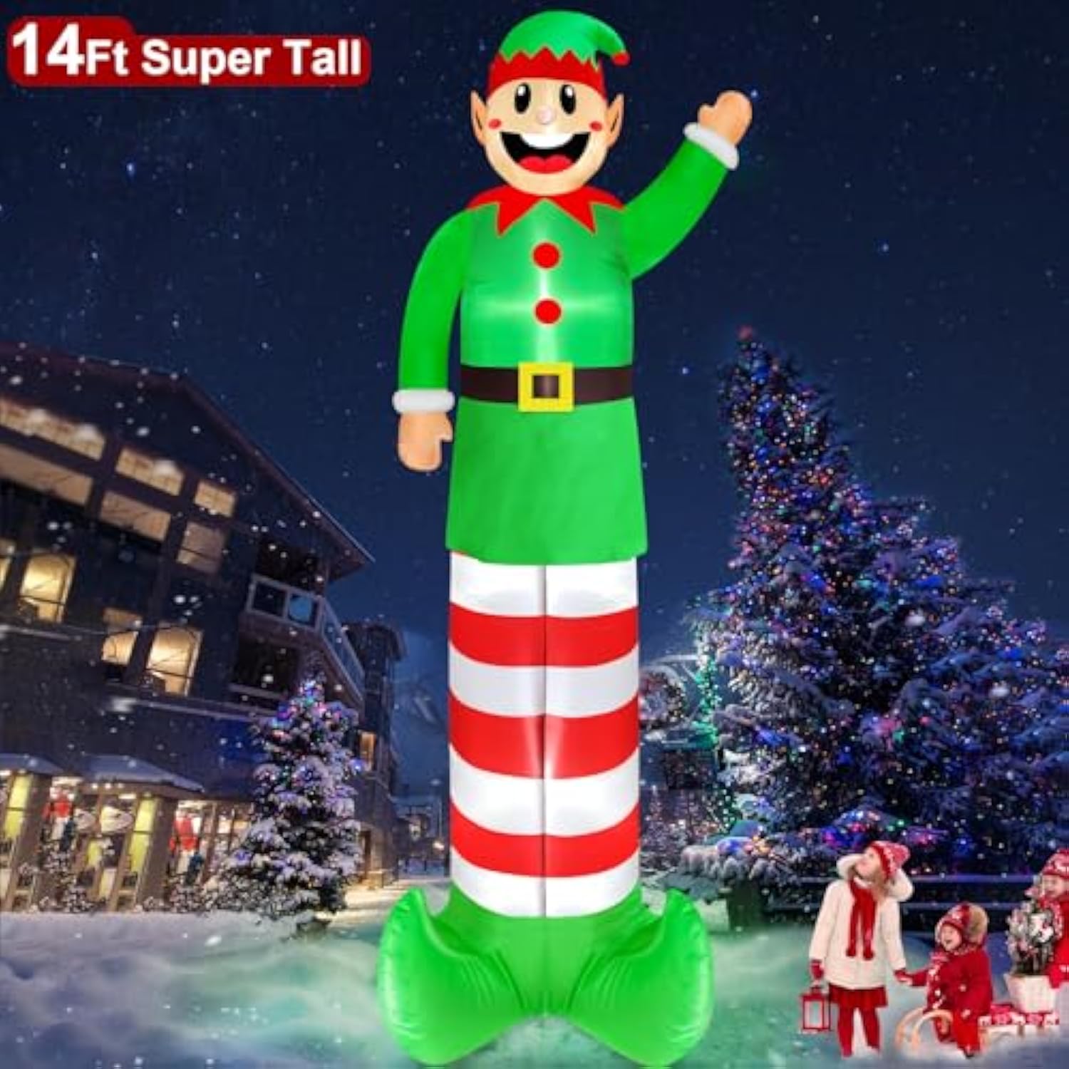 14 Ft Super Tall Christmas Inflatable Elf, Christmas Inflatables Decoration Outdoor Blow Up Giant Santa Elf With Built-I