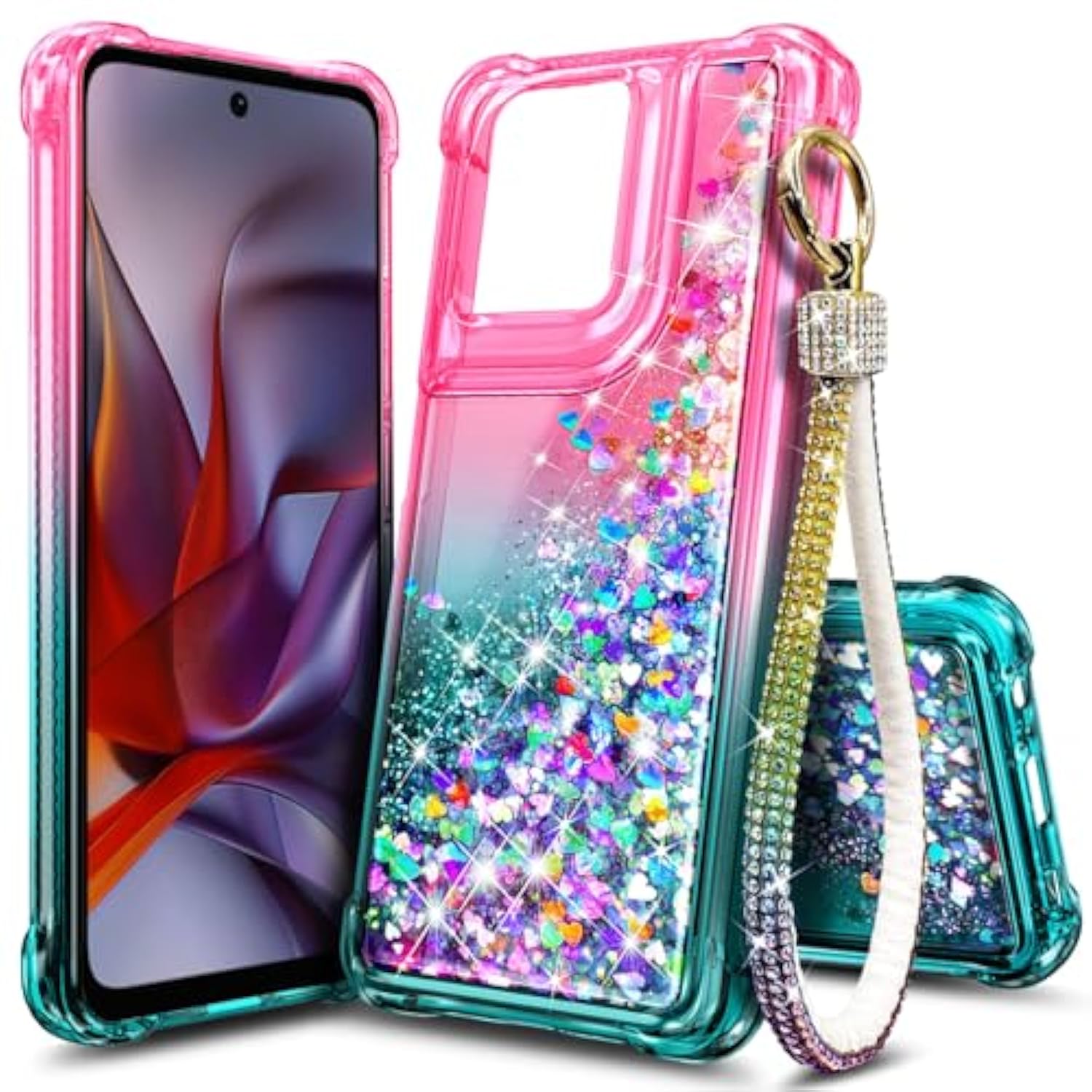 Compatible With Motorola Moto G-2025 Case Pink/Aqua | Bling Sparkly Glitter Floating Liquid Waterfall Cute Phone Cover For Women Girls Kids With Diamond Wrist Strap Lanyard