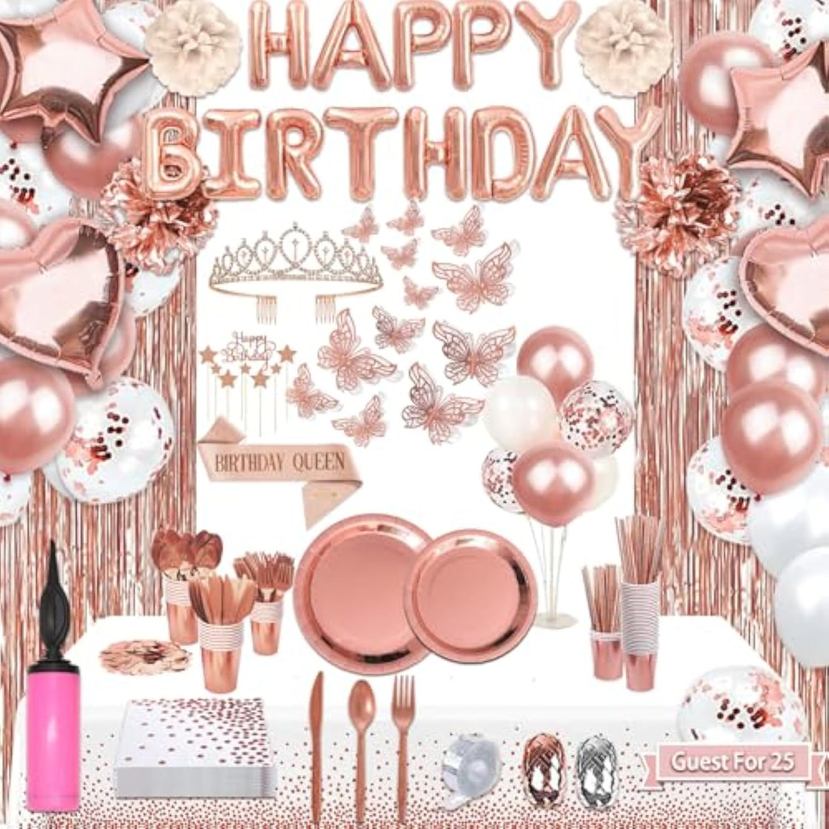 285 Pcs Rose Gold Party Decorations, Birthday Decorations For Women Or Girl - Knives, Forks And Spoons, Tiara, Butterfly, Sash, Paper Pom Poms, Balloon Stand, Tableware For 25 Guests
