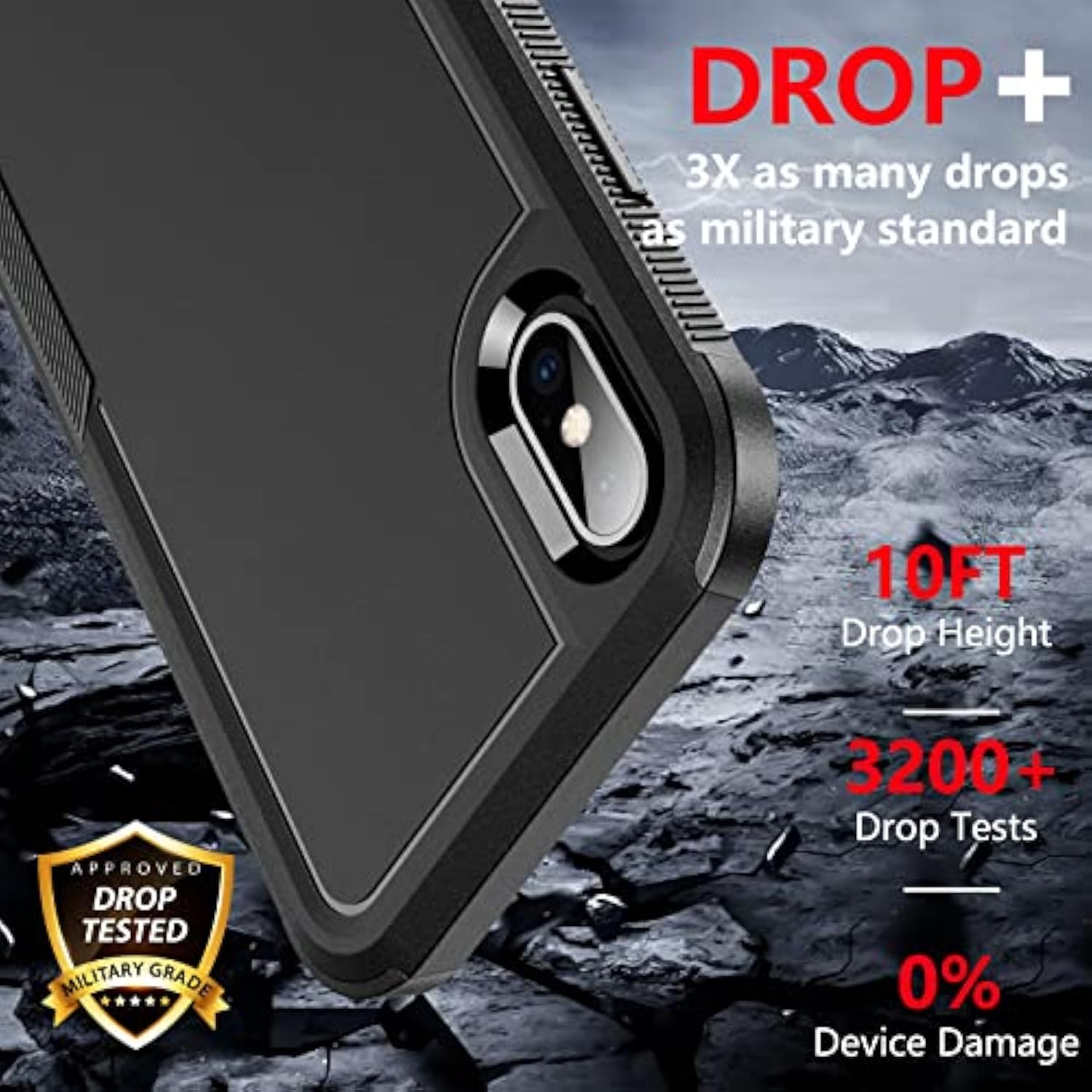 For Iphone Xs Max Case, [10 Ft Grade Drop Protection] [Non-Slip] [2 Pcs Tempered Glass Screen Protector] Shockproof Airbag Cushion Protective Case For Iphone Xs Max 6.5” (Black)