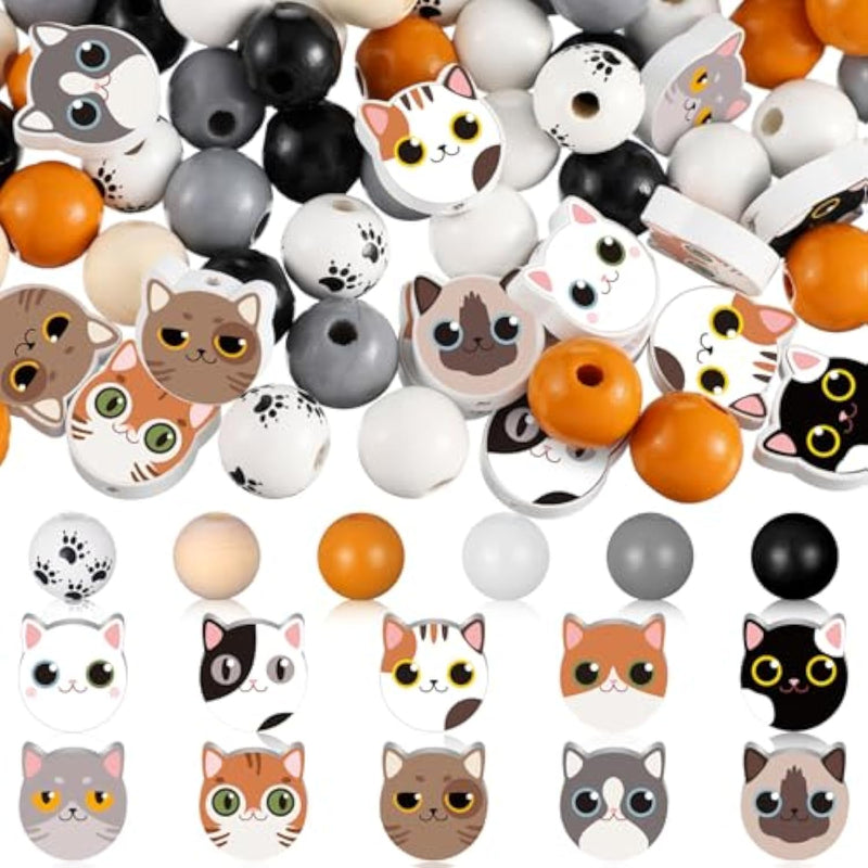 200 Pcs Cat Print Wood Beads 16Mm Round Handmade Polished Spacer Beads For Jewelry Making Diy Crafts Making Home Party Decoration