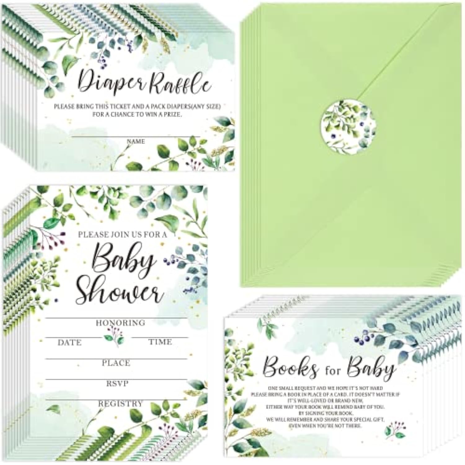 25 Sets Greenery Baby Shower Invitations, Diaper Raffle Tickets, Baby Shower Book Request Cards With Envelopes For Neutral, Gender Reveal Party Decorations