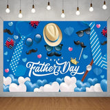 Father's Day Backdrop, Happy Fathers Day Decorations Blue Dad Party Banner Background with Hat Glasses Mustache Tie Watch Hearts for Photo Booth Decor, 71 x 43 Inch