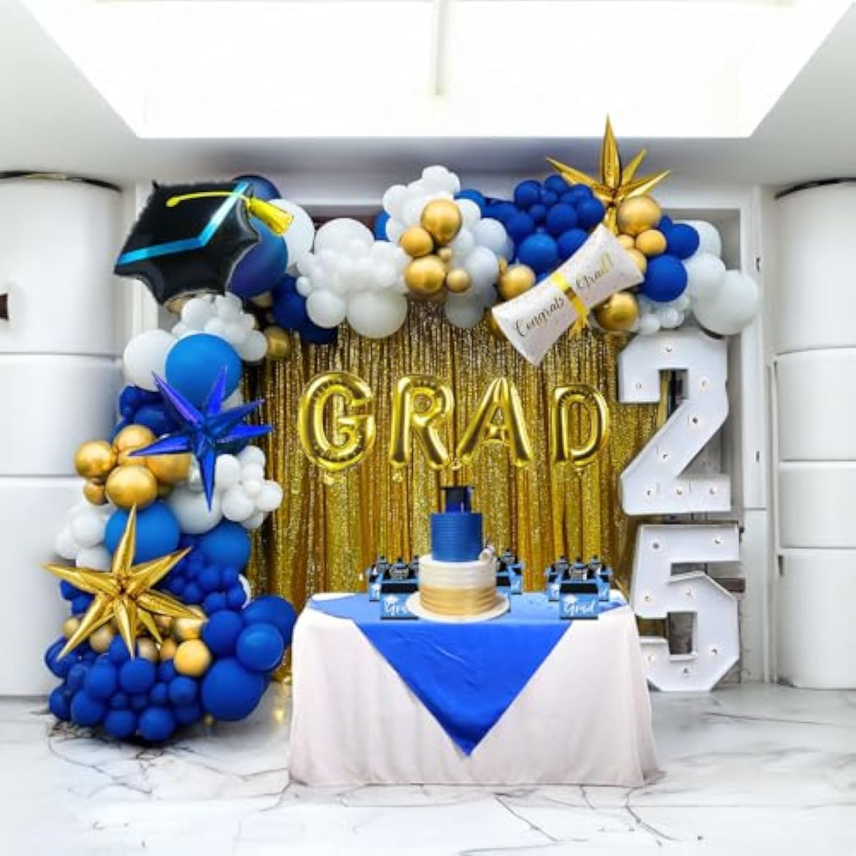 120Pcs Graduation Balloon Garland Arch Kit With Graduation Cap Certificate Letter Star Mylar Foil Balloons For Class Of 2025 Grad Prom Decorations Supplies (Blue Gold White)