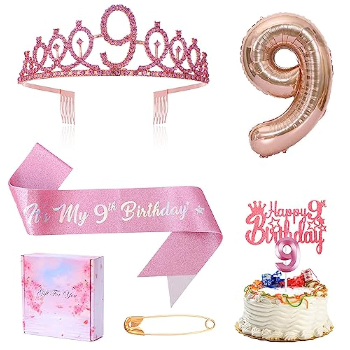 9Th Birthday Decoration For Girl - Sash, Rhinestone Crown, Cake Topper, Foil Balloon - Party Supplies (Rose)