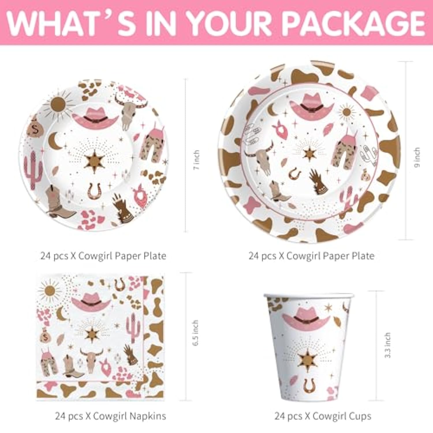 Western Cowgirl Party Decorations For Birthday Baby Shower, Wild West Pink Cowgirl Birthday Party Supplies, Paper Plate, Napkin, Cup, Tablecloth, Banner, Swirls, Cutlery, 24 Guests