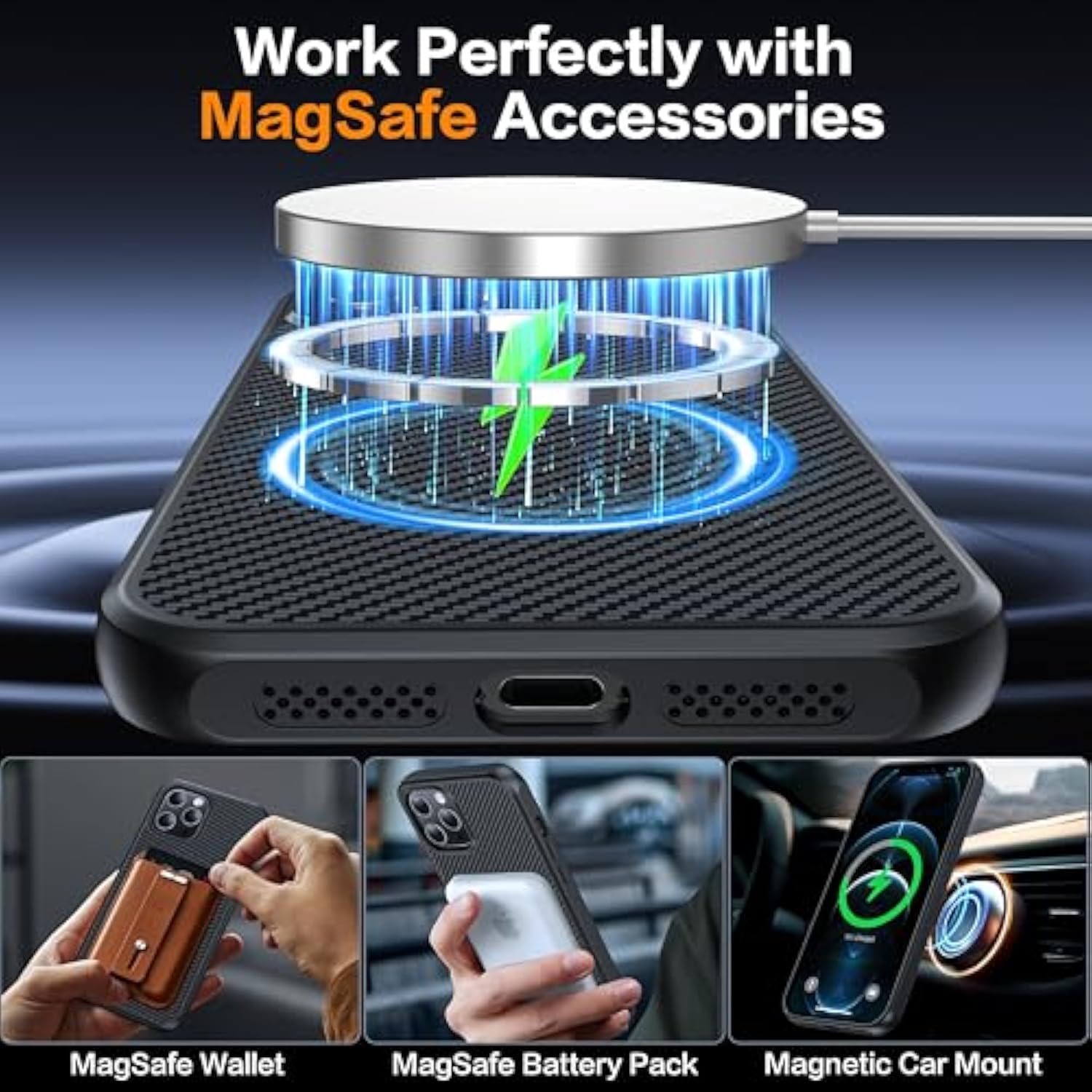 Magnetic For Iphone 12 Pro Max Case, Anti-Scratch Carbon Fiber Texture-Compatible With Magsafe - Military Grade Drop Protection - Slim Shockproof Phone Cover 6.7", Black