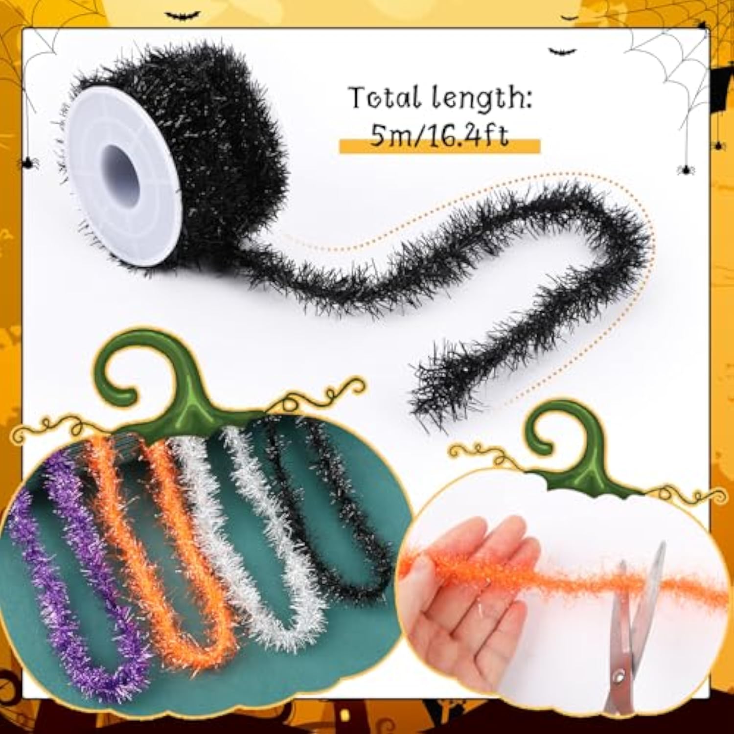 4 Rolls 65.7Ft Halloween Tinsel Ribbon Garland Black Orange Purple Silver Glitter Decor