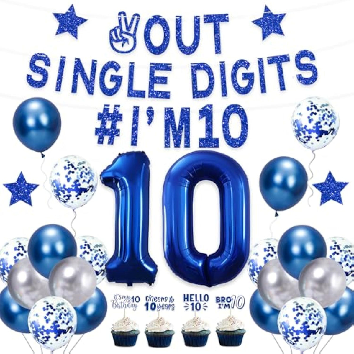 Blue 10Th Birthday Decorations Boys, Out Single Digits I'M 10 Banner, Happy 10Th Birthday Decorations For Boys, Double Digits Party Supplies Cake Topper Number 10 Balloon 10 Party Supply