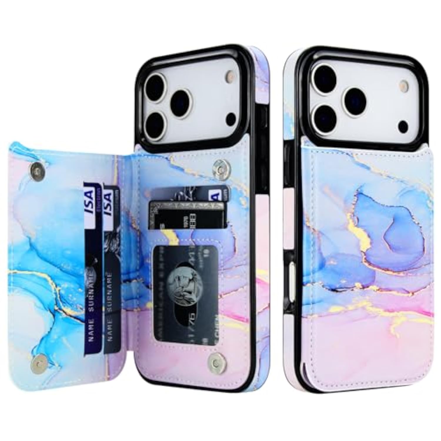 Wallet Case Card Holder for iPhone 17 Pro Max, Pink Blue Marble
