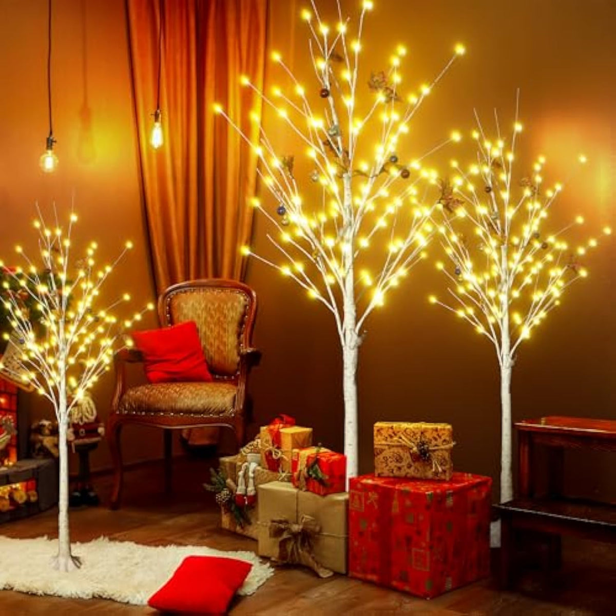 Lighted Birch Tree For Christmas Decor, Pack Of 3 Prelit Christmas Tree 4Ft 5Ft 6Ft, Warm White Christmas Tree For Indoor Christmas Decorations. (White)