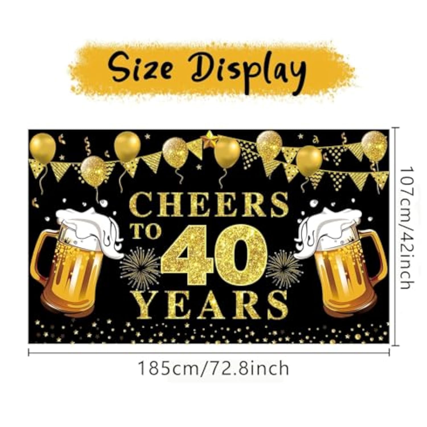 Cheers to 40 Years Backdrop: Black & Gold Anniversary Banner (72.8"x43.3")