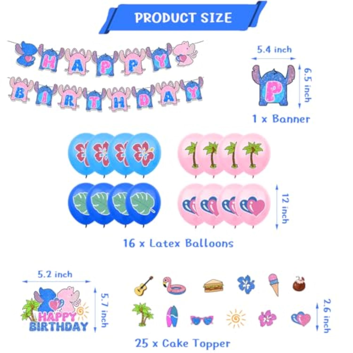 Cartoon Blue Birthday Decorations Luau Set with Banners Balloons Cupcake Cake Toppers