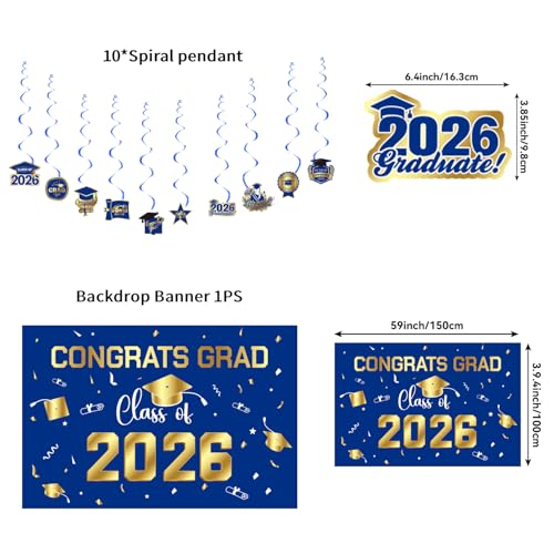 Graduation Decorations 2026 Blue Gold Themed Set - Congrats Grad Banner, Class of 2026 Backdrop, Balloons & Streamers Kit - Complete Party Supplies for High School & College Celebrations