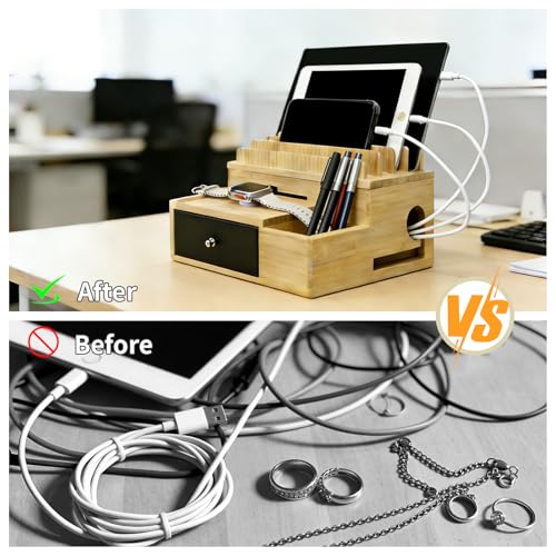 Bamboo Charging Organizer for Multi-Devices, with Drawer and Pen Holder, Nightstand Desk Charging Stations Electronic Organizer for Cell Phone,