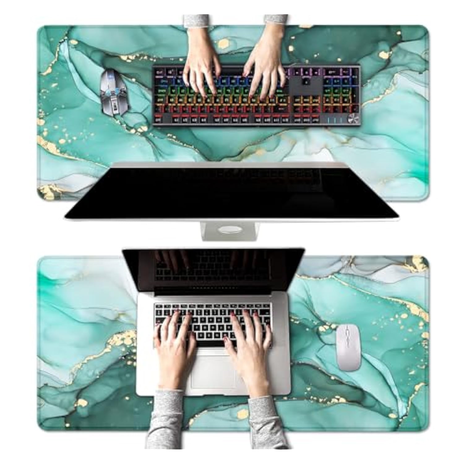 Teal Turquoise Marble Desk Mat, Abstract Swirls Desk Pad Cute, Modern Ink Art Large Extend Mouse Pad Xl, Sunrise Aesthetic Desktop Mat Laptop Mat For Desk, Gift For Women Men