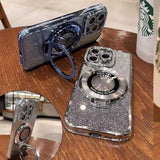 Magnetic Kickstand Glitter Case For Iphone 13 Pro Max, [Compatible With Magsafe] Luxury Bling Sparkly Diamond Rhinestones With Camera Protector Women Girls Case For Iphone 13 Pro Max (Silver)